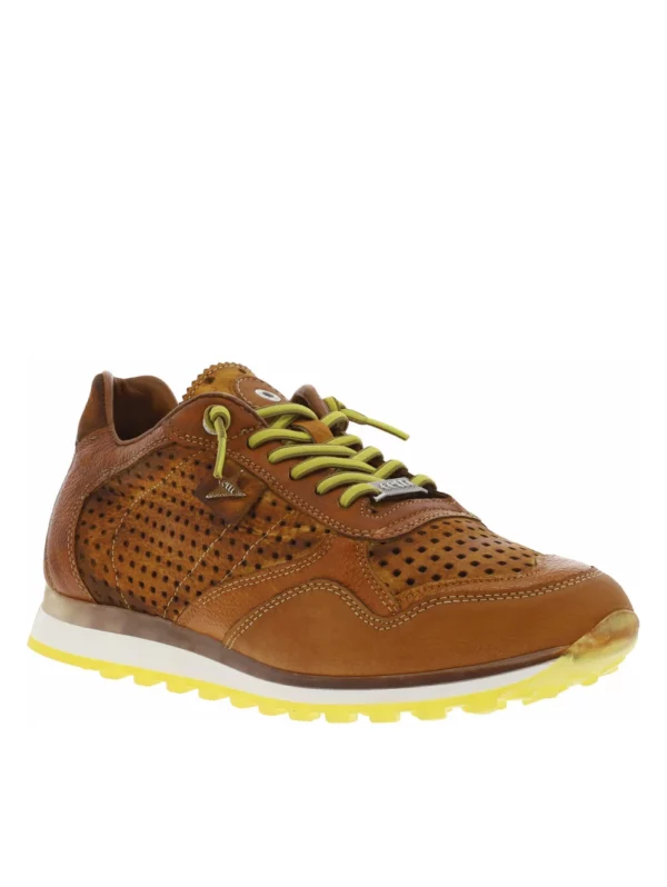 zanaga cetti cetti baskets en cuir perfore marron a semelle running crantee et a lacets elastiques