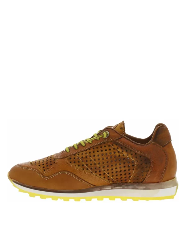 zanaga cetti cetti baskets en cuir perfore marron a semelle running crantee et a lacets elastiques